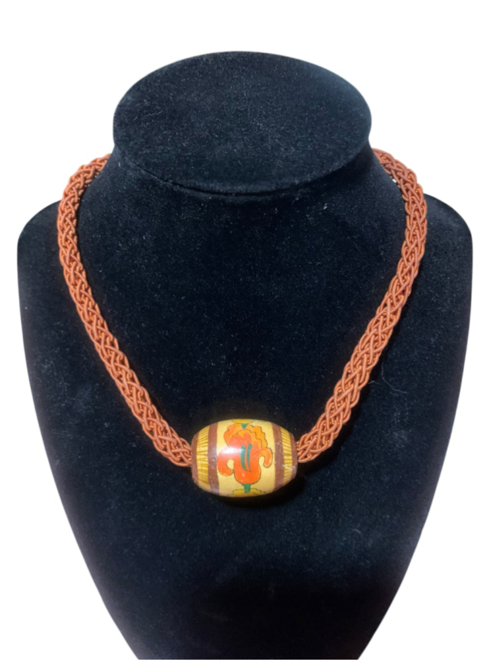 Vtg 70’s Braided Cord Necklace/choker with Floral Bead, One Size, Brown